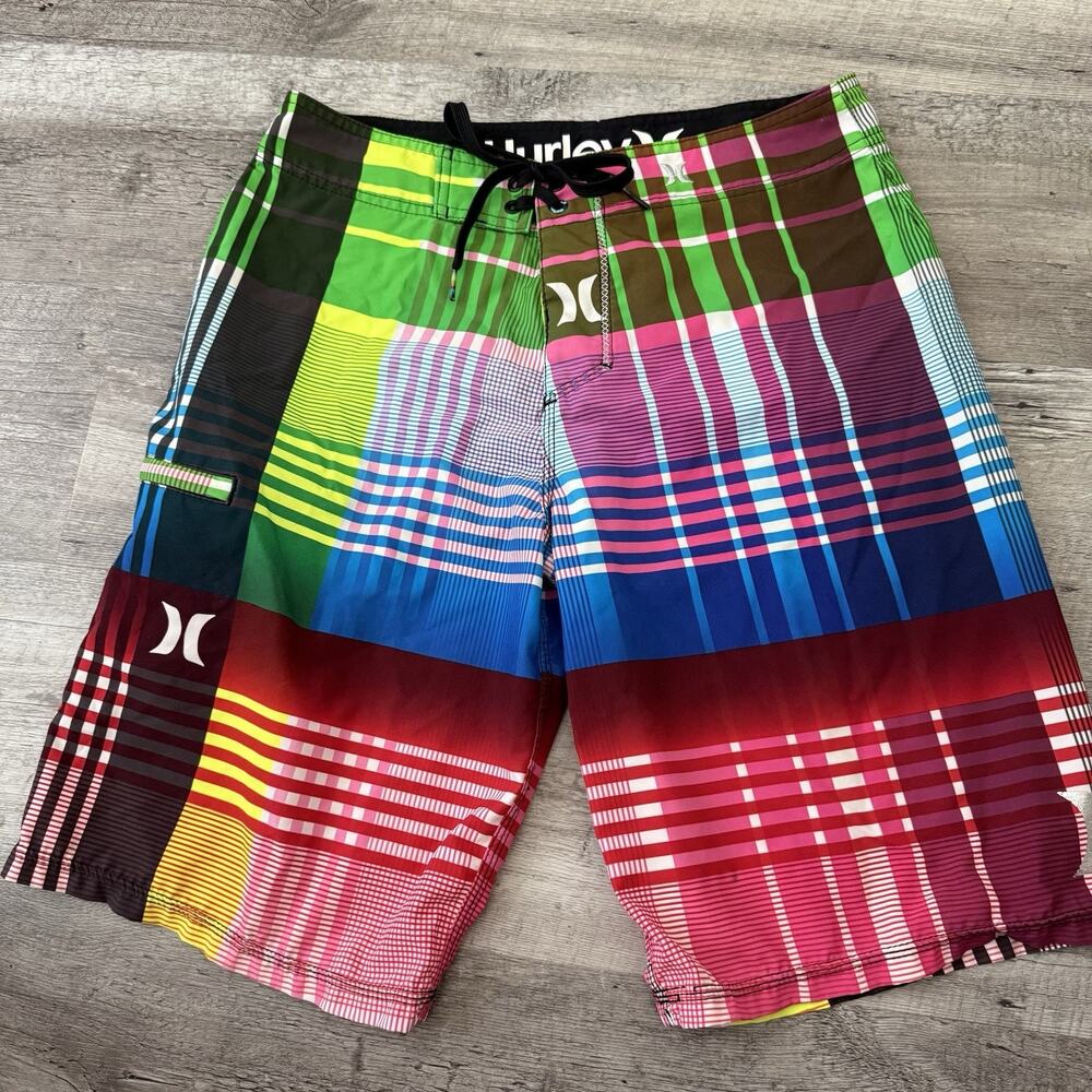 Hurley Phantom Board Shorts Mens 29 LOUD PLAID Blue Green Drawstring Zip Pocket